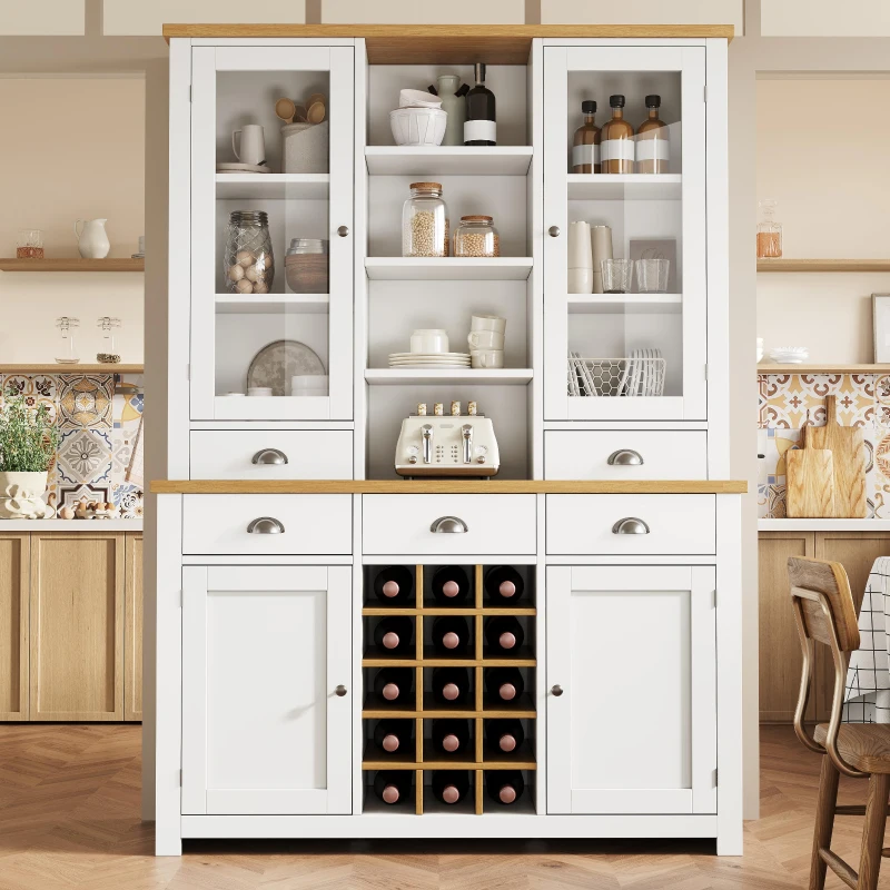 Kitchen Pantry Cabinet with Wine Rack and Adjustable Shelves, Glass-Door Buffet Sideboard with 5 Deep Drawers, 120L x 40W x 185H cm, White