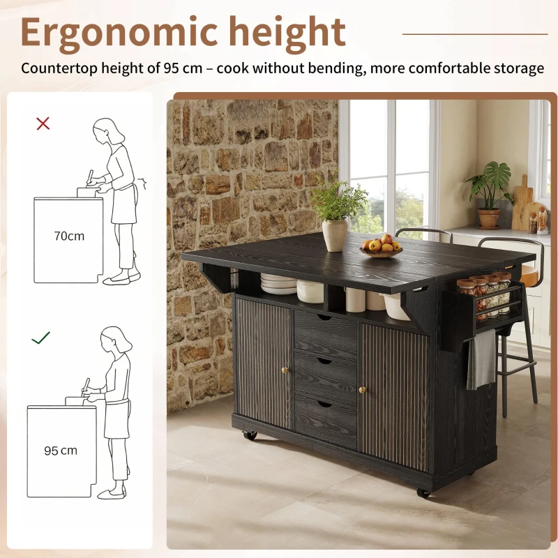 Foldable Serving Trolley with Ample Hidden Storage, Mobile Kitchen Island for Balconies or Dining Room, 142.5L x 40W x 95H cm, Black