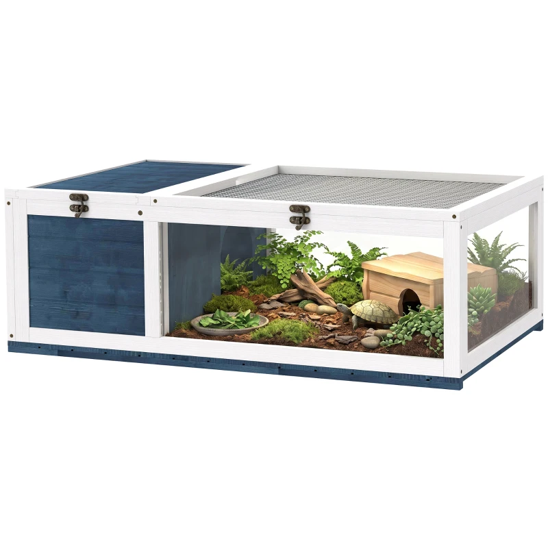 PawHut Schildkrötenhaus aus Holz Schildkrötengehege mit Haupthäusern aufklappbarem Oberseite 91x60,5x32 cm, Blau