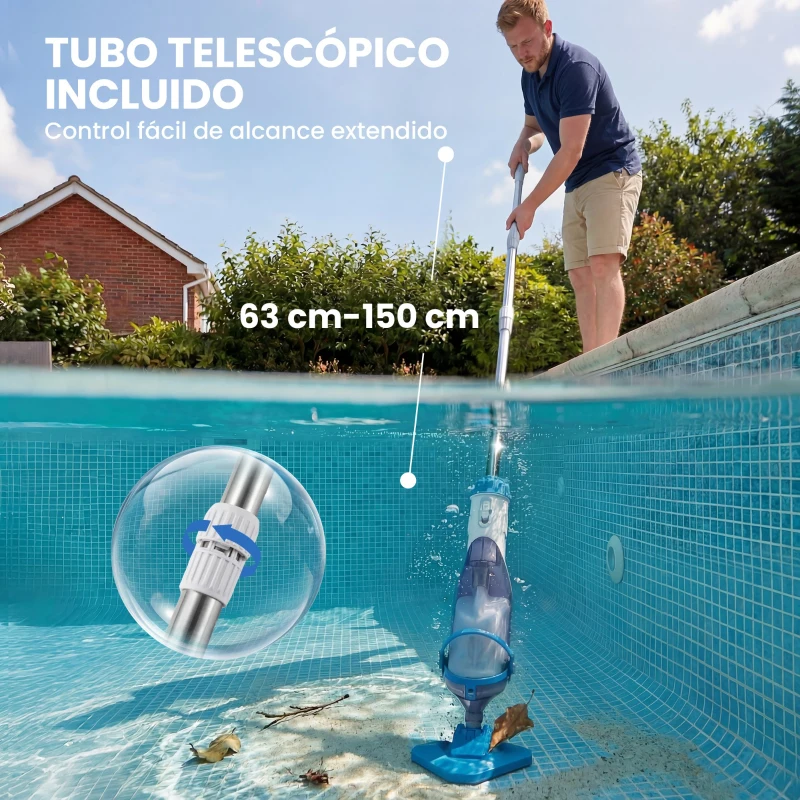 Outsunny Limpiafondos de Piscina Manual Inalámbrica con Cepillo y Barra Ajustable de 63-150 cm para Piscinas Pequeñas Azul