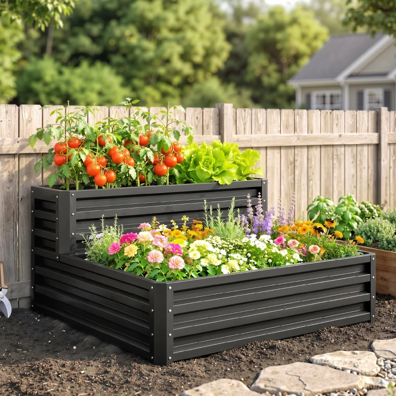 Outsunny Jardinera Exterior de Acero con Diseño de Escalera para Cultivos Plantas Flores 120x101x58 cm Gris Oscuro