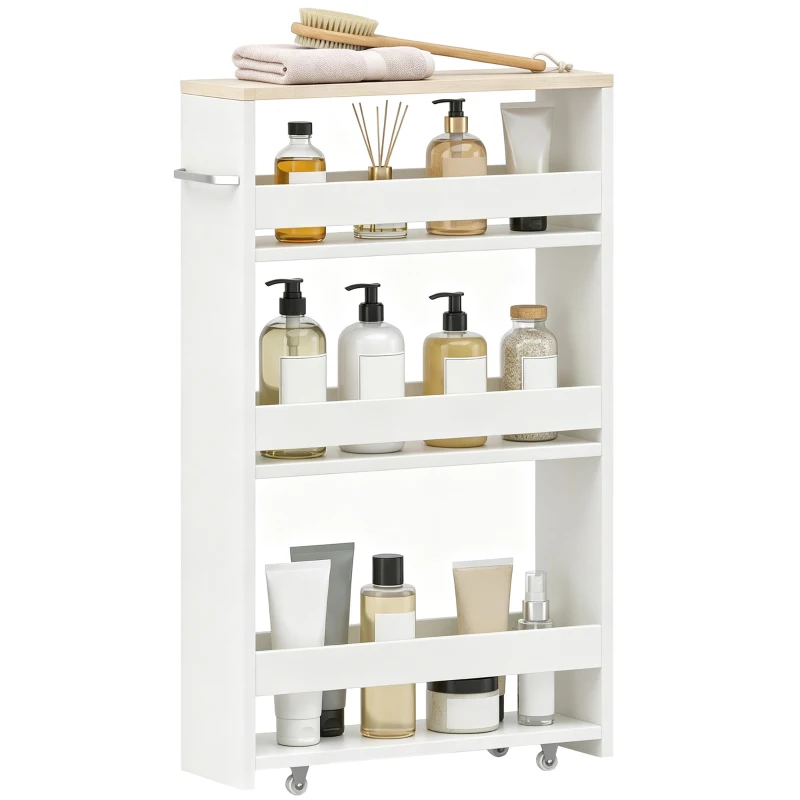 kleankin Armario Auxiliar de Baño Carrito con 3 Estantes y Ruedas para Espacios Estrechos 50x13x67,5 cm Blanco