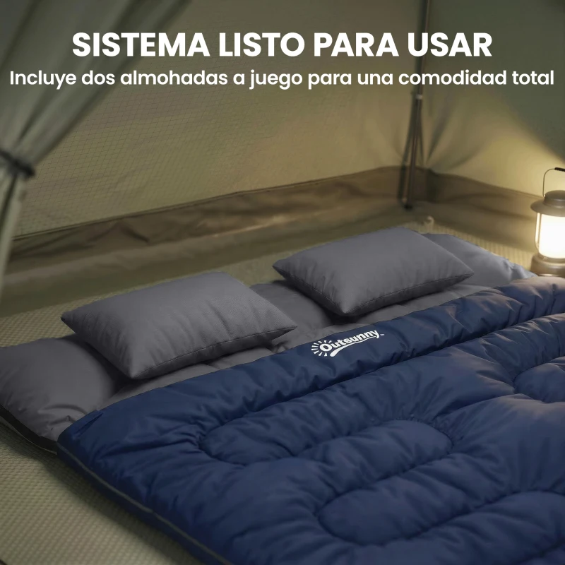 Outsunny Saco de Dormir Doble para Adultos Tamaño Queen para 2 Personas con 2 Almohadas y Bolsa Transporte Azul Oscuro