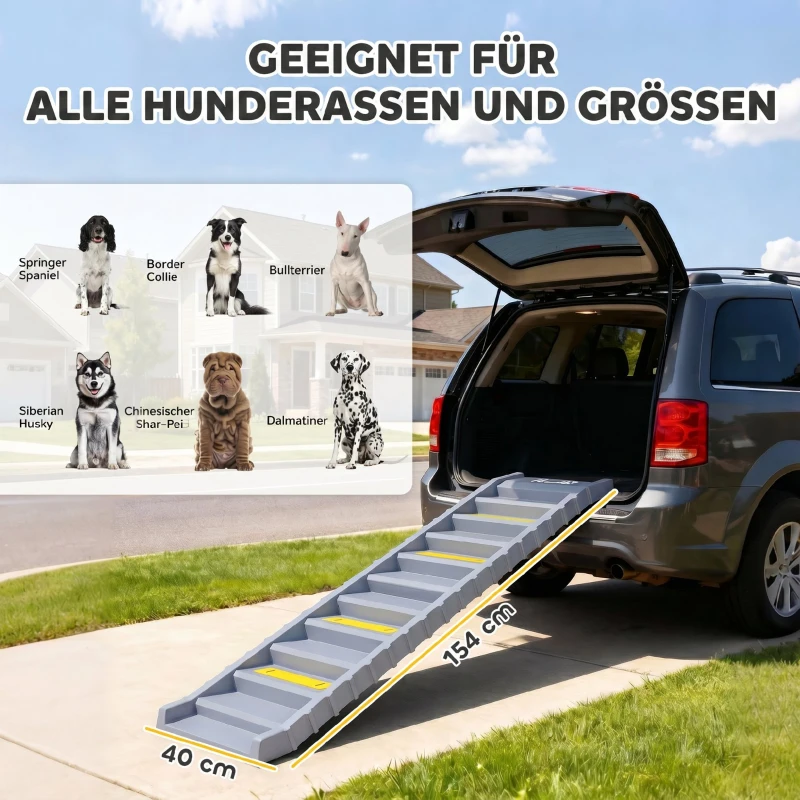 PawHut Hunderampe Auto klappbar Hundetreppe mit 10 Stufen Rutschfester Oberfläche, 154x40cm für groß Hunde bis 25kg