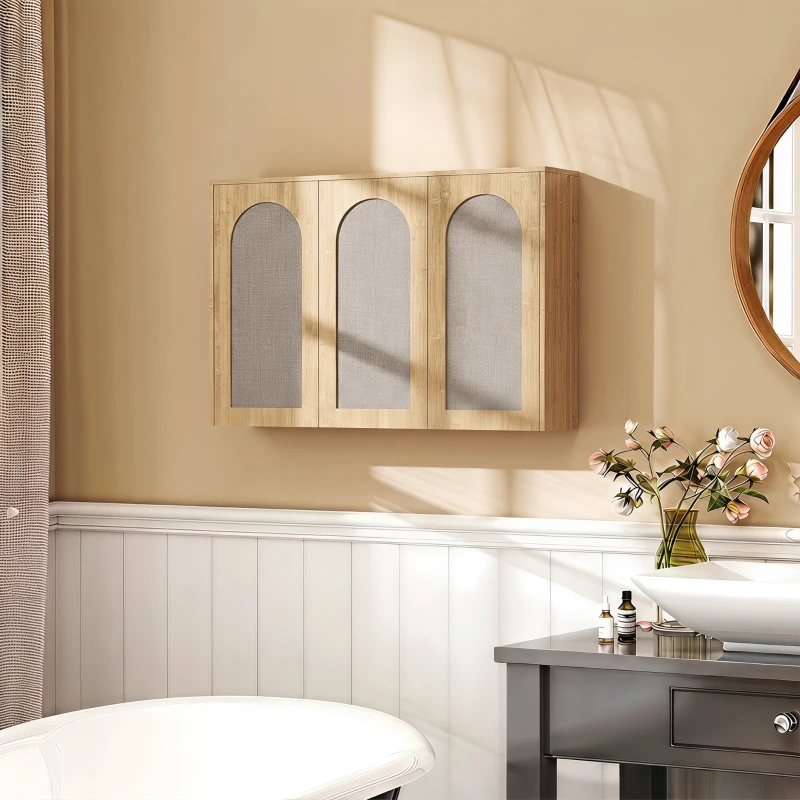 HOMCOM Armario mural de baño bohemio con 3 puertas efecto ratán con cierre suave y estante regulable, roble