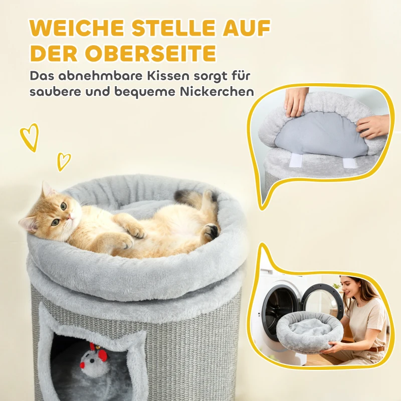PawHut Katzenkratzfass, 96 cm, 4-Ebenen-Katzenturm mit waschbarem Bett, 3 Schlafhöhlen, Hängespielzeug, für mehrere Katzen Grau