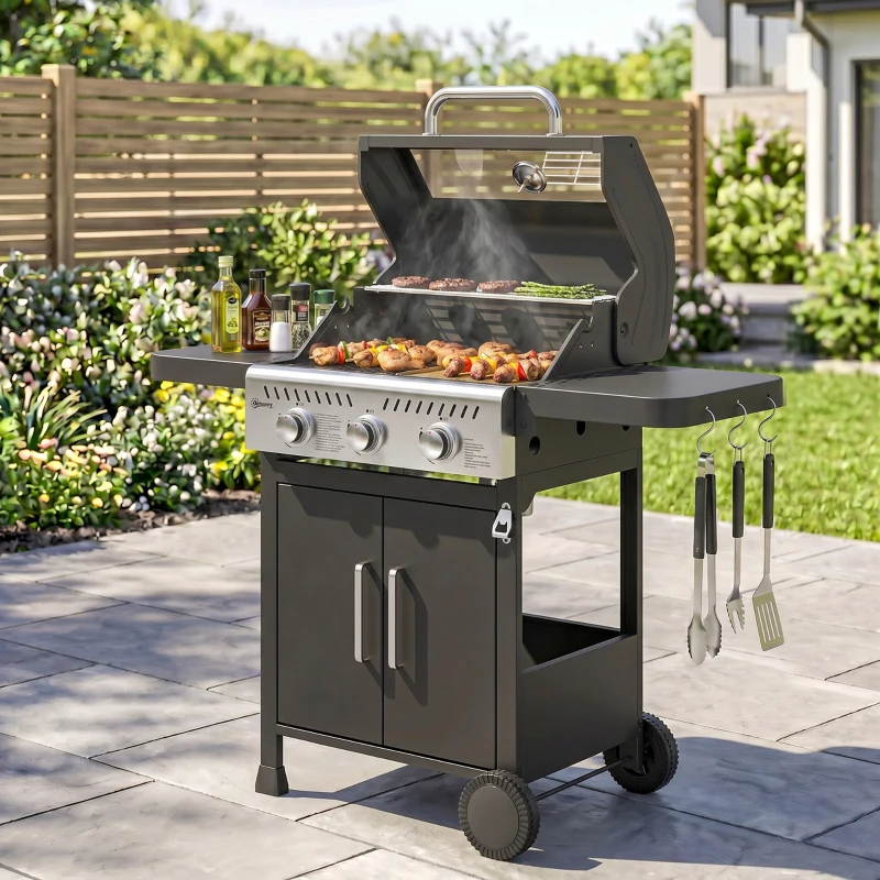 Outsunny Barbacoa de Gas con 3 Quemadores 7,5 kW Termómetro Parrilla Plancha Mesas Laterales Armario Ruedas 125x57x110 cm Negro
