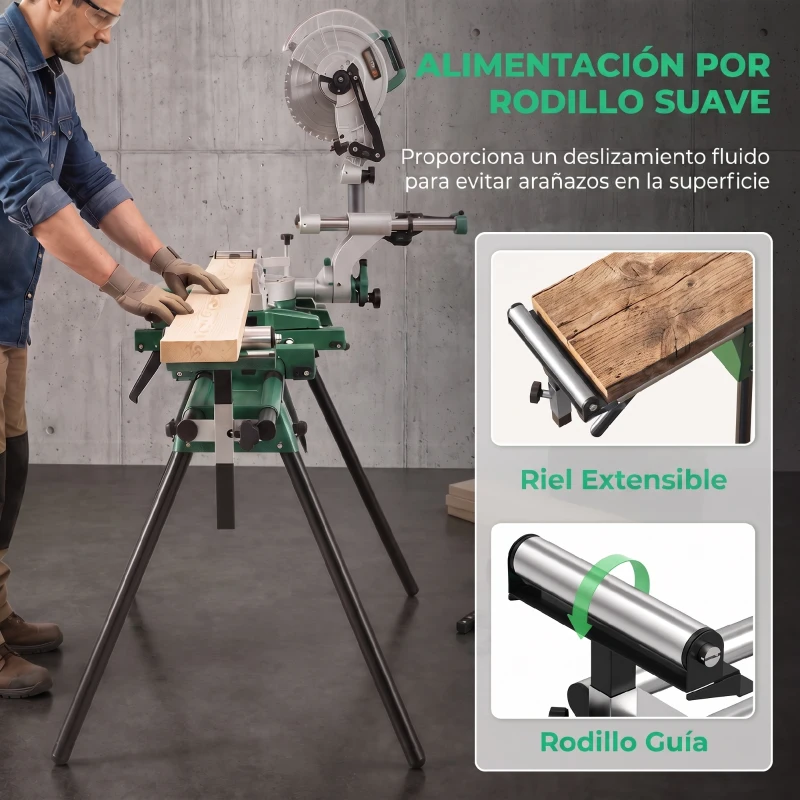 HOMCOM Soporte de Sierra Ingletadora Plegable Universal con 2 Rodillos de Apoyo Altura y Ancho Ajustable Carga 200 kg Verde