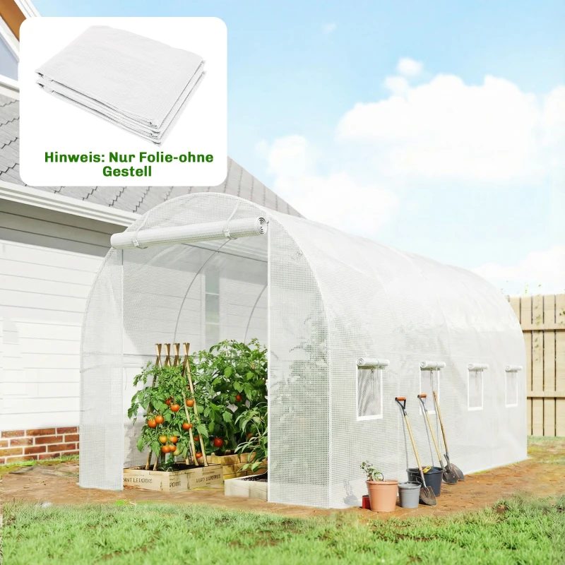 Outsunny Gewächshausfolie 4 x 2 m, wasserdicht Gartenfolie mit Tür, 8 Fenster, UV Schutz, Reißfest Polyethylen NUR Folie Weiß