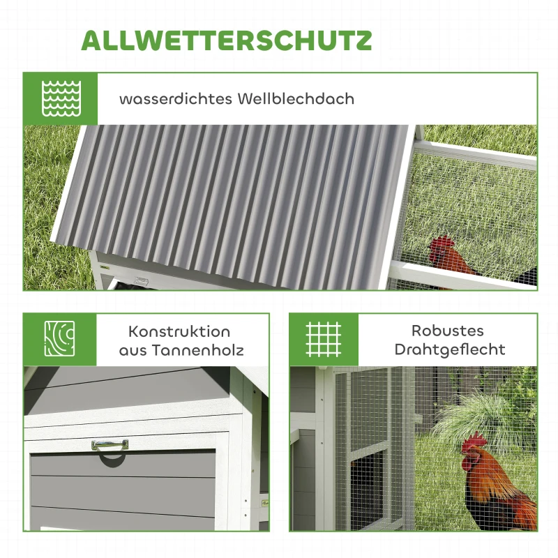 PawHut Großer Hühnerstall für 7-10 Hühner, Sitzstangen, Schaukel, Fenster, Nistkästen, Maschendraht, Grau