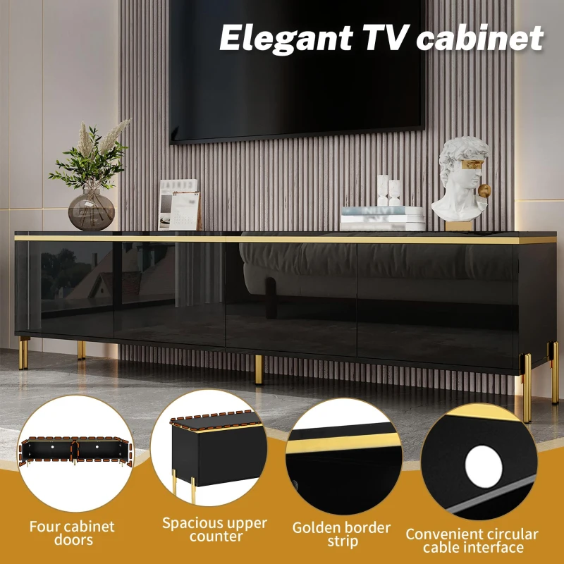 Spacious TV Stand with 4-Door Storage, Functional TV Cabinet for Modern and Italian Minimalist Living Rooms, 170L x 38W x 50H cm, Black