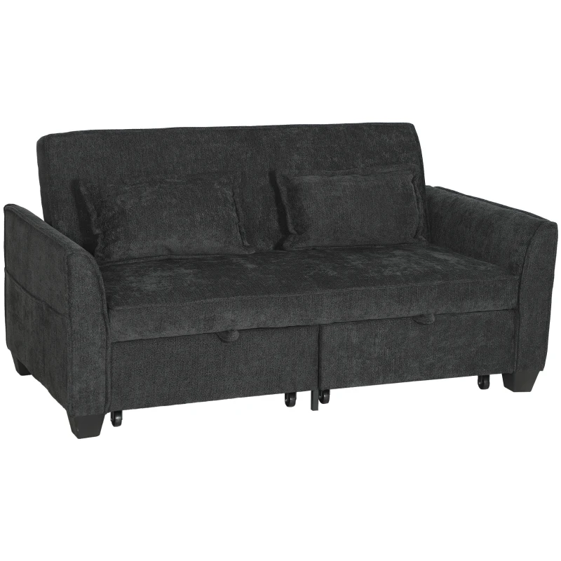 HOMCOM 2 Seater Sofa Bed, 4-in-1 L-Shaped Convertible Pull-Out Sleeper Sofa with Adjustable Backrest and Side Pockets, Black