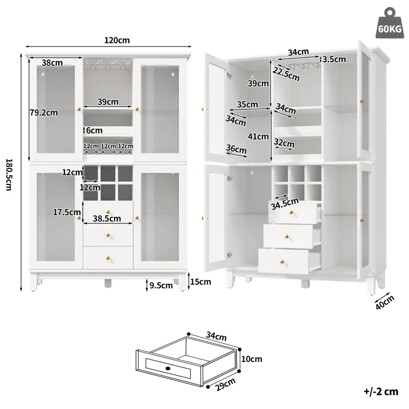 White Wine Cabinet with App-Controlled RGB LED Lighting, Adjustable-Dlass-Shelf Showcase with Wine Rack and Glass Holder, 120L x 40W x 180.5H cm, White