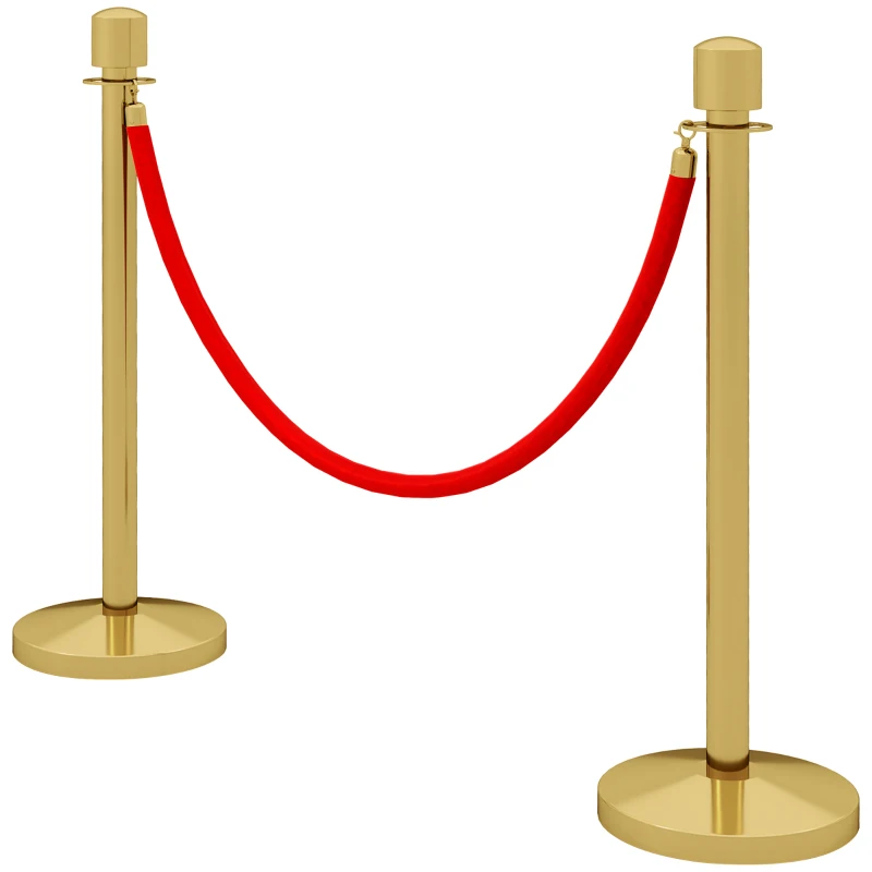 HOMCOM Juego de 2 Postes Separadores de Acero Inoxidable con Cuerda de Terciopelo Roja de 1,5 m y Base Rellenable Dorado