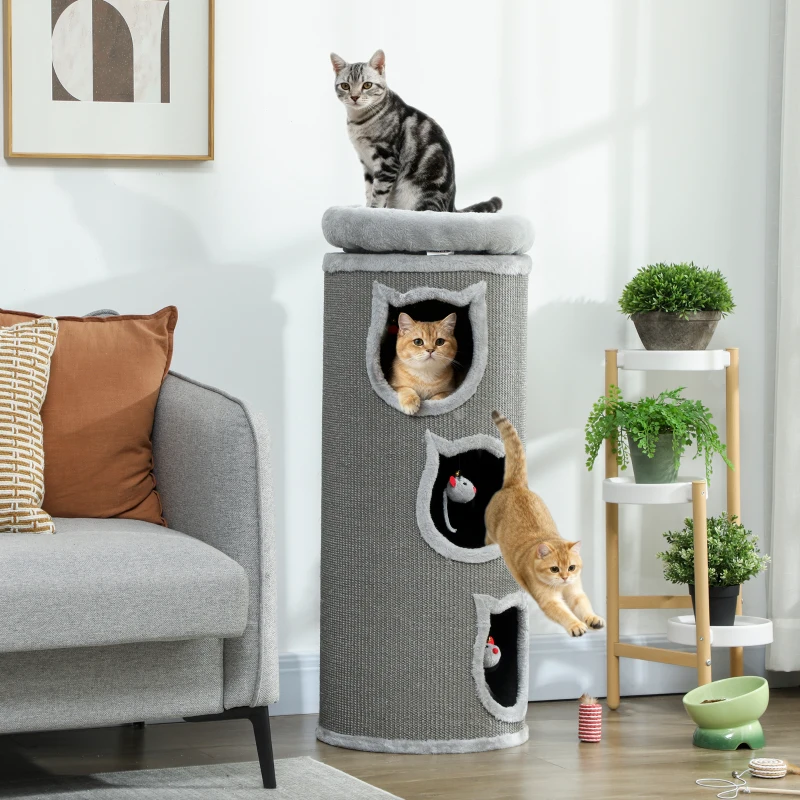 PawHut Katzenkratzfass, 96 cm, 4-Ebenen-Katzenturm mit waschbarem Bett, 3 Schlafhöhlen, Hängespielzeug, für mehrere Katzen Grau