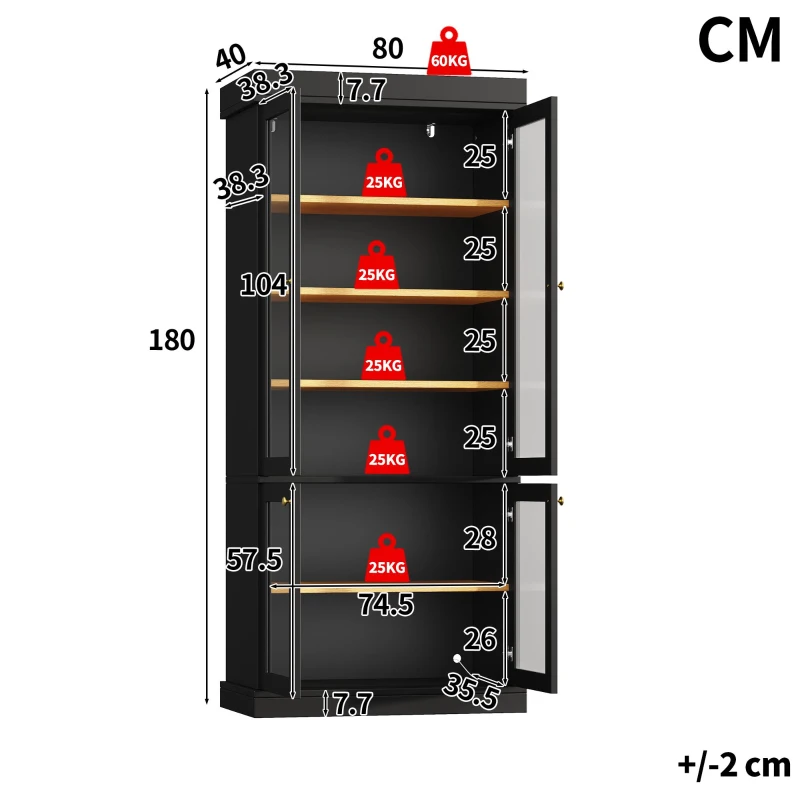 Modern Freestanding Display Cabinet with Height-Adjustable Shelves, LED Lighted Tall Showcase for Industrial Interiors, 80L x 40W x 180H cm, Black