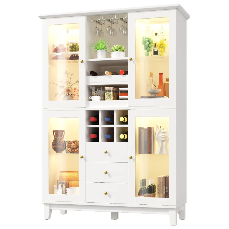 White Wine Cabinet with App-Controlled RGB LED Lighting, Adjustable-Dlass-Shelf Showcase with Wine Rack and Glass Holder, 120L x 40W x 180.5H cm, White