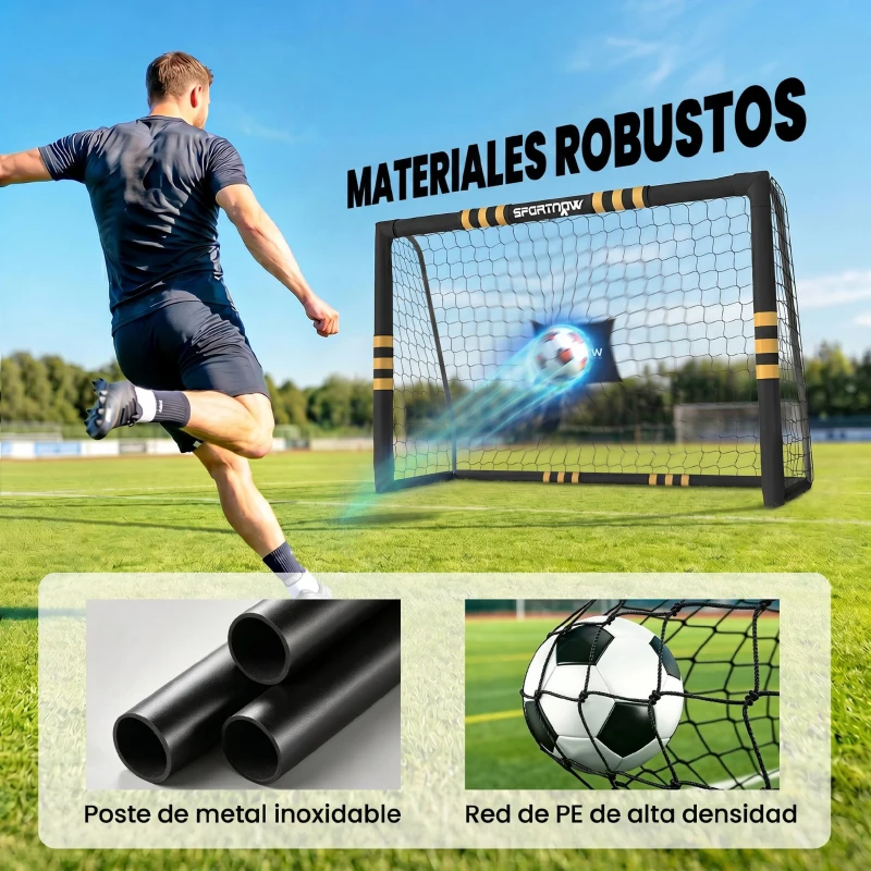 SPORTNOW Portería de Fútbol para Jardín 240x85x160 cm con Red Estructura Metálica Acolchada EPE y Piquetas Negro y Amarillo