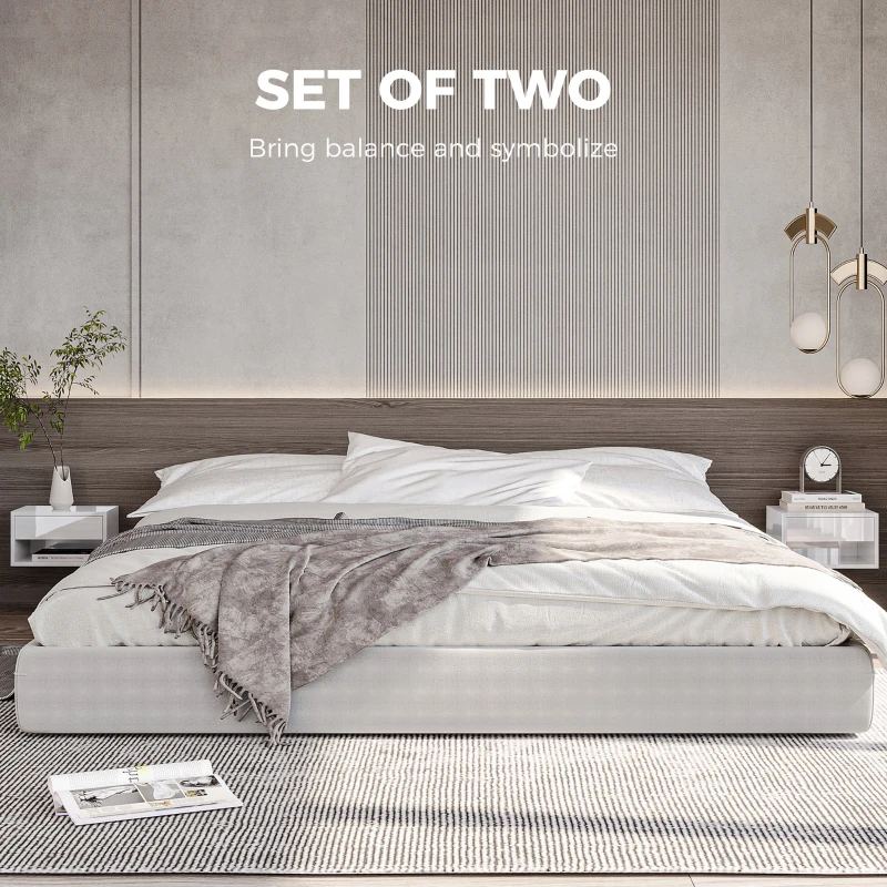 HOMCOM Set of Two Floating Bedside Tables - High Gloss White
