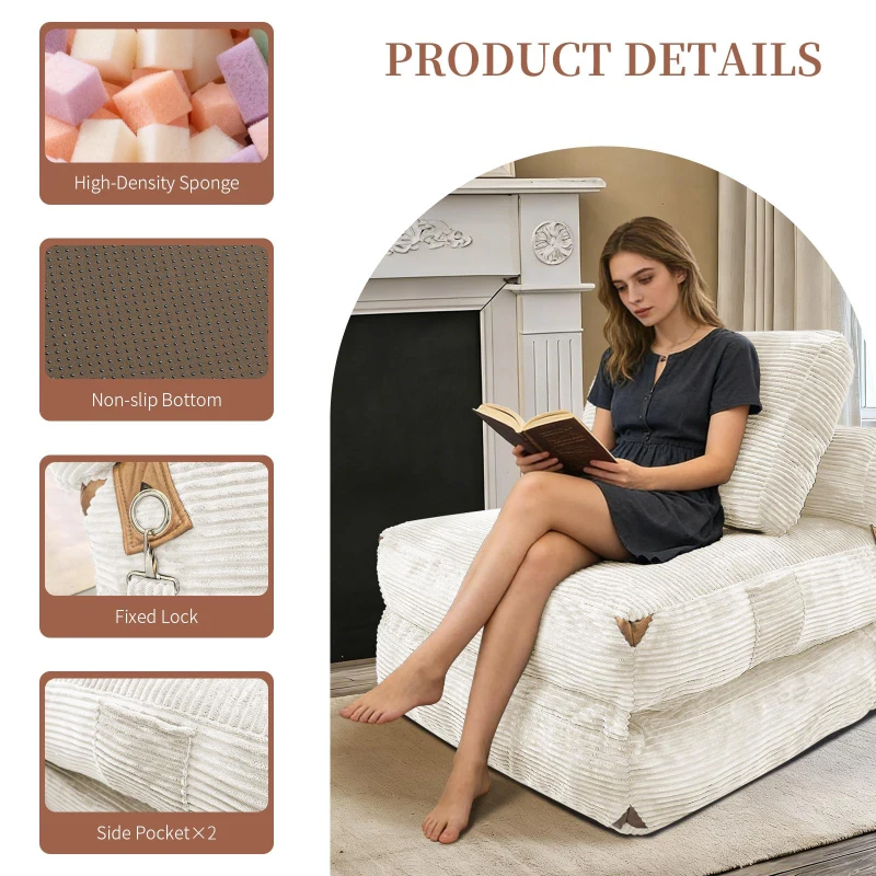 3-in-1 Convertible Corduroy Floor Sofa Bed with Side Pockets, Oversized Chaise Lounge with High-Density Sponge, 87L x 86W x 40H cm, White