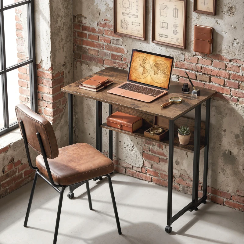 HOMCOM Klappbarer Schreibtisch mit Ablagefach, 80 cm Klapptisch für kleine Räume, Büro, Rustikales Braun