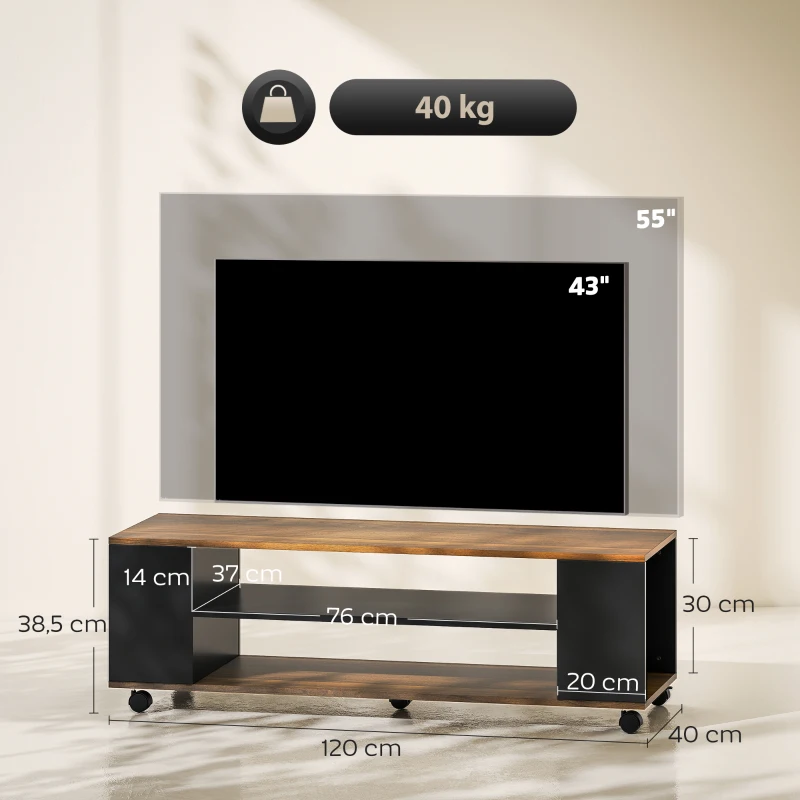 HOMCOM Mueble de TV Suspendido o de Pie con Ruedas 4 Estantes para Televisión de 55 Pulgadas 120x40x38,5 cm Nogal y Negro