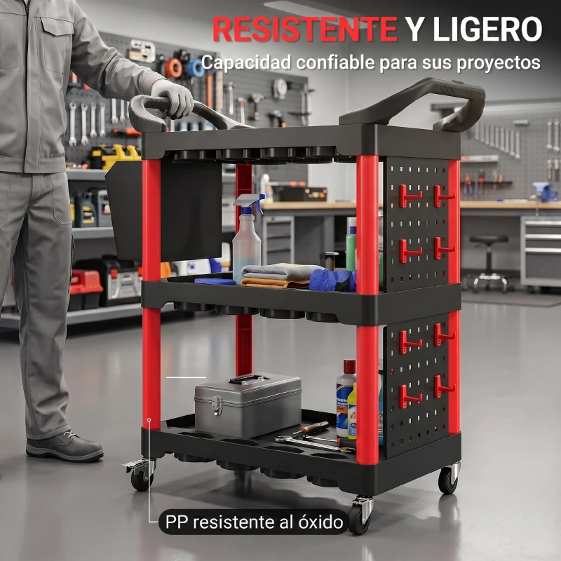 HOMCOM Carro de Herramientas de 3 Niveles con Paneles Perforados Asa Lateral Ganchos Cubeta Negro y Rojo