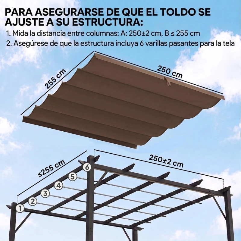 Outsunny Cubierta para Techo Retráctil de 2,5x2,55m para Pérgola 3x3 Tela de Repuesto con 10 Orificios de Drenaje Café