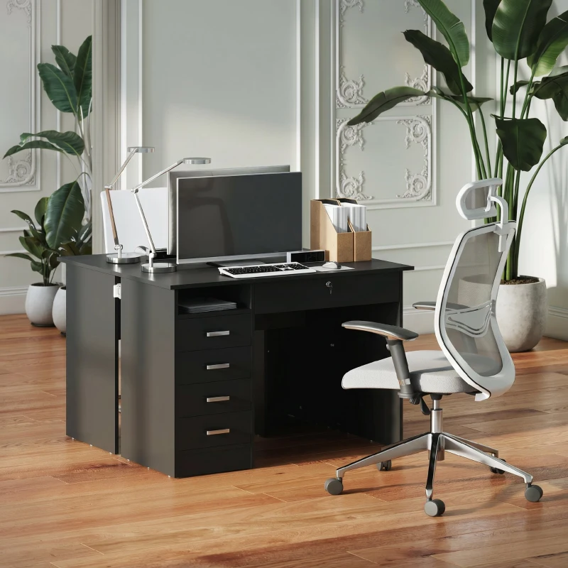 HOMCOM Bureau moderne avec 5 tiroirs, grand plateau, 1 compartiment ouvert, tiroir verrouillable, 110 x 50 x 76cm, noir