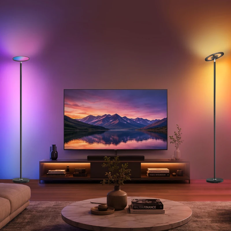 HOMCOM Uplighter Floor Lamp with Tuya App and Music Sync, Standing Lamp with Adjustable Head for Living Room Bedroom, Black