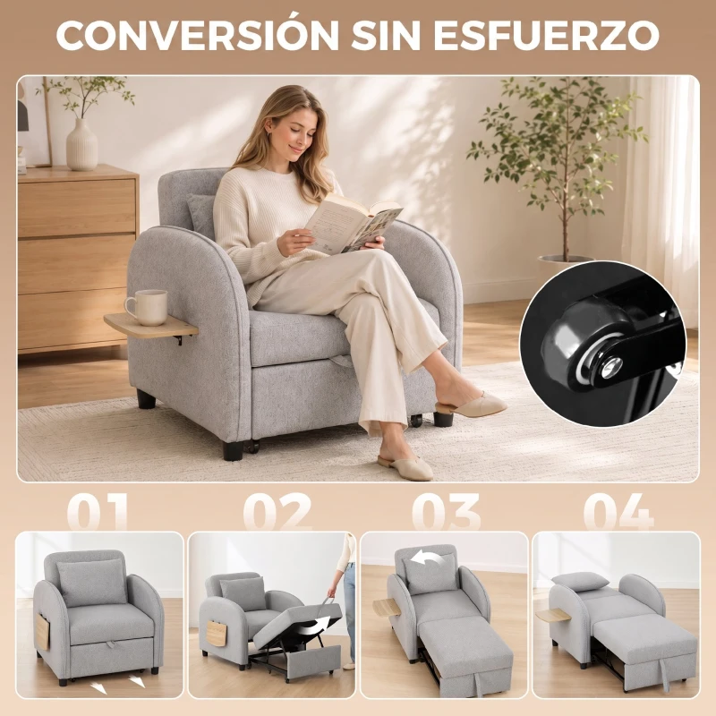 HOMCOM Sillón Cama Convertible 3 en 1 Sofá Cama 1 Plaza con Mesa Lateral Plegable Respaldo Ajustable Gris