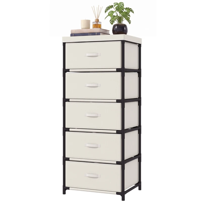 HOMCOM Commode de chambre avec 5 tiroirs en tissu, cadre en acier, commode pour salon, bureau, dressing, beige