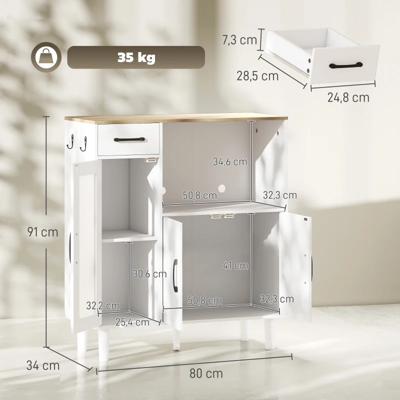 HOMCOM Aparador de Cocina Moderno con Puerta de Acrílico Cajón Estante Ajustable Compartimento Abierto 80x34x91 cm Blanco