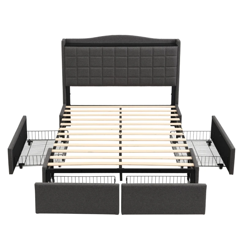 Spacious Upholstered Bed with 4 Under‑Bed Drawers, Cozy Bed Frame with Soft Headboard and Linen Surface, 208L x 140W x 111H cm, Grey