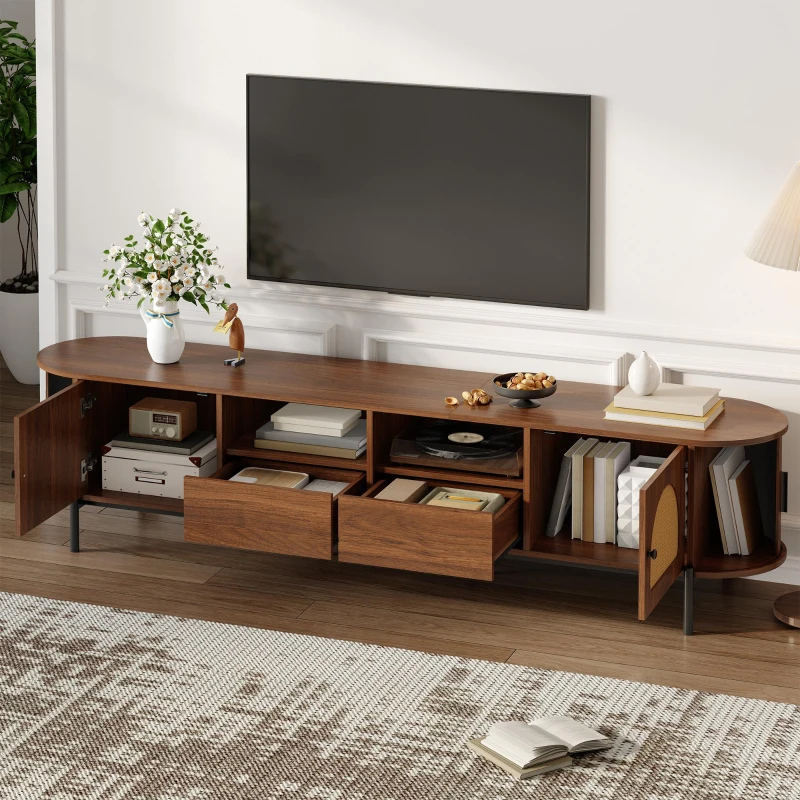 Space-Saving TV Stand with 2 Sliding Doors and 2 Drawers, Stylish TV Cabinet with Rattan Doors and Metal legs, 200L x 40W x 50H cm, Walnut