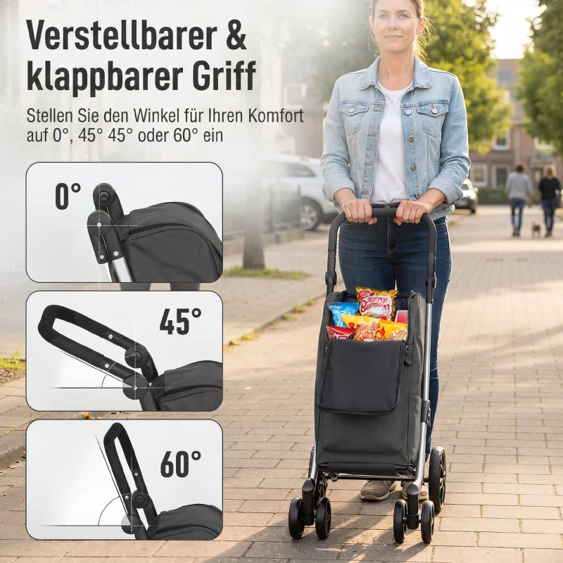 HOMCOM Einkaufstrolley, 46 Liter Tasche, Faltbarer Einkaufswagen mit Kühltasche, verstellbarer Griff, Aluminiumrahmen, Dunkelgrau