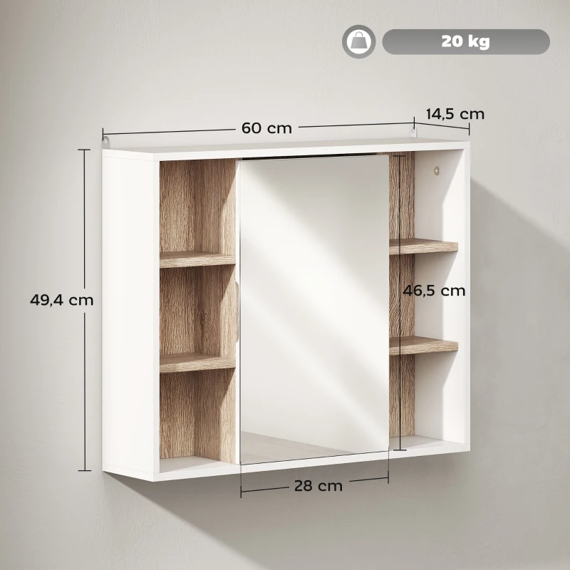 HOMCOM Armoire murale, meuble salle de bain avec miroir, miroir salle de bain avec rangement, placard à portes et 6 compartiments ouverts, 60 x 14,5 x 49,4 cm, blanc