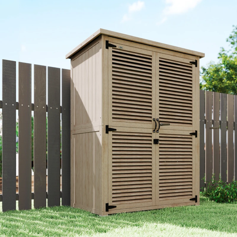 Outsunny Armario de Jardín 0,83 m² 127x65x168 cm con 2 Puertas de Persiana 2 Estantes 2 Asas y Techo Impermeable Natural