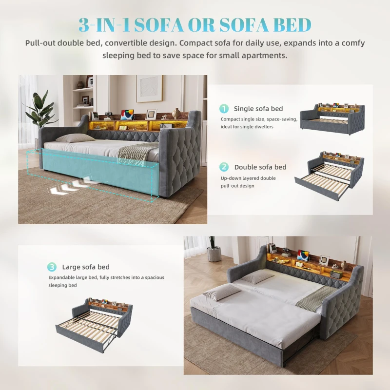 90x190 cm Sofa Bed with Velvet Upholstery, 2-in-1 Space-Saving Daybed for Modern Homes, 201L x 107W x 80H cm, Dark Gray