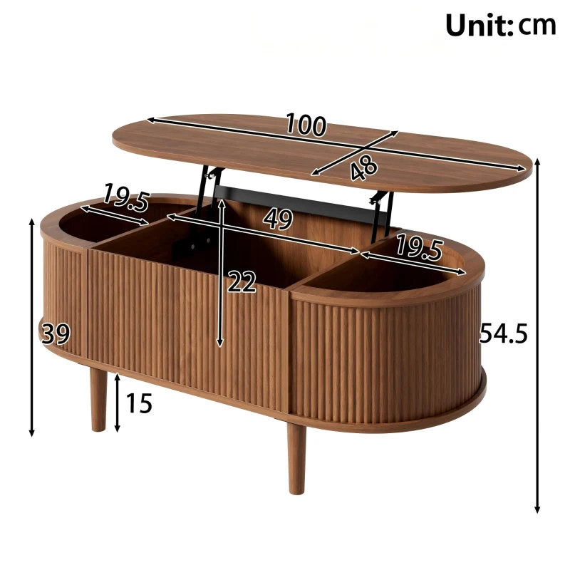 Functional Coffee Table with Height-Adjustable Tabletop, Solid Room Table with MDF Body and Pine Legs, 100L x 48W x 40H cm, Walnut