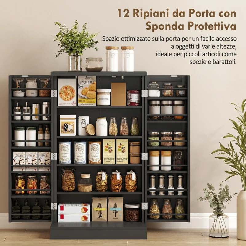 HOMCOM Armadio da Cucina con 5 Ripiani Centrali e 2 Ripiani Laterali a 6 Livelli, in MDF, 60x30x104 cm, Nero