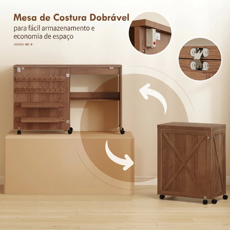 HOMCOM Mesa para Máquina de Costura Dobrável com Porta Magnética, 2 Compartimentos, Prateleira, 18 Suportes para Linhas e 5 Rodas, Castanho