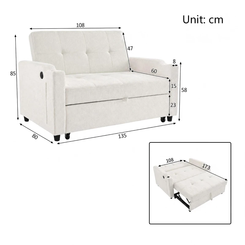 Convertible Sofa Bed with Adjustable Backrest, Functional Sleeper with USB & Type-C Charging and Cup Holders, 135L x 173W x 58H cm, Off White