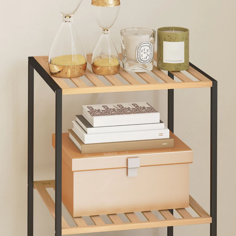 HOMCOM Standregal Badregal aus Bambus und Stahl, mit 4 Ablagen, 4-stöckiges Bücherregal, 36,5 x 33 x 110 cm, Natur