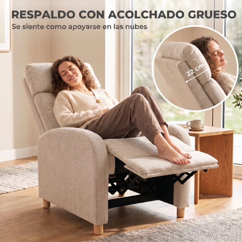 HOMCOM Sillón Reclinable Manual hasta 135° Tapizado en Lino Reposapiés Muelles Ensacados Respaldo Alto y Patas de Madera Beige