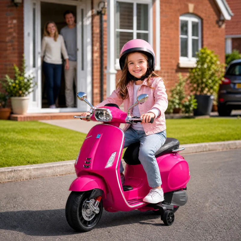 AIYAPLAY Moto Eléctrica para Niños de +3 Años con Licencia Vespa con USB MP3 Luz LED Radio FM Velocidad 3 km/h Carga 35kg Rosa