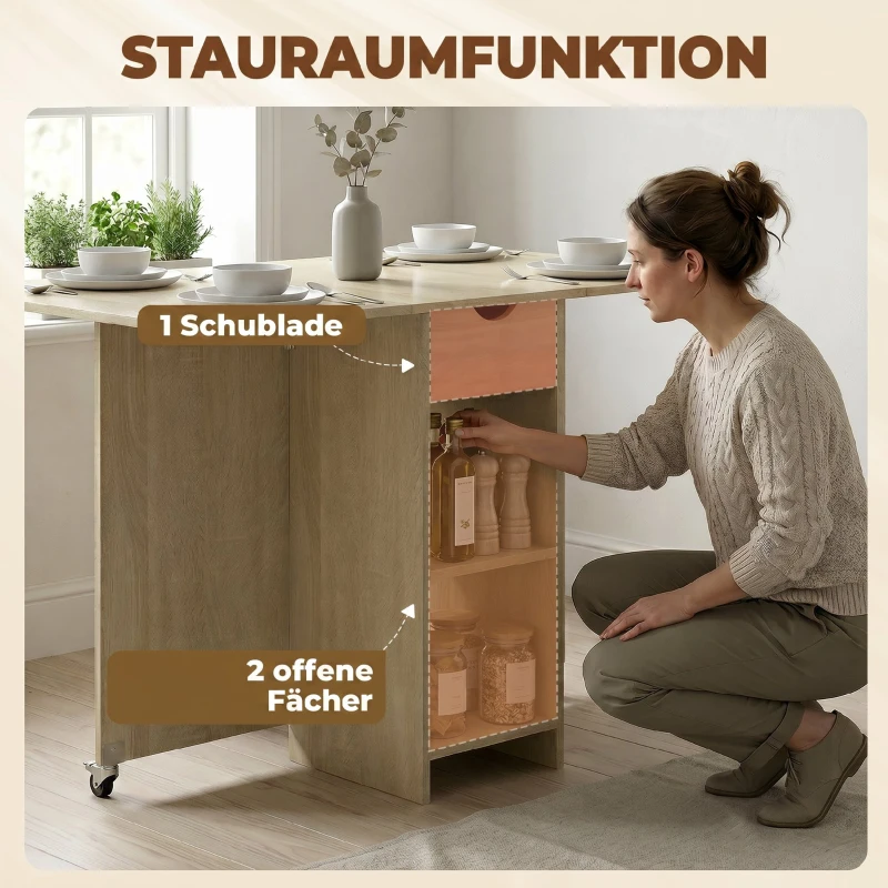 HOMCOM Klappbarer Esstisch für 2-4 Personen, Rollbarer Tisch mit offenem Fach und Schublade, ideal für kleine Räume, Natur