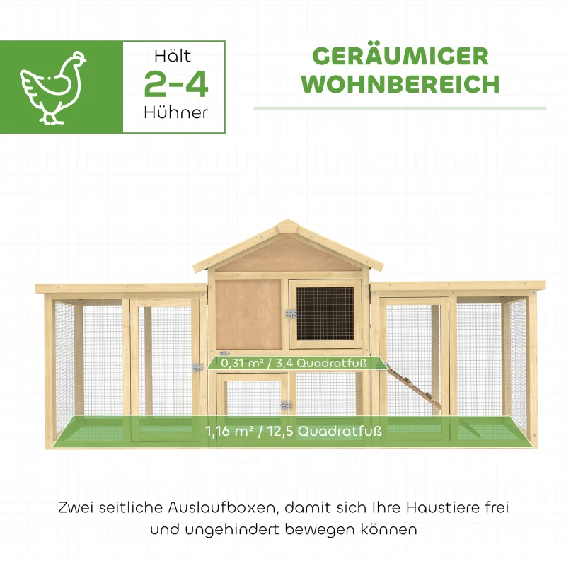 PawHut Hühnerstall Hühnerhaus aus Holz mit Nistkasten, wasserdichtem Dach, Sitzstange, Auslauf, Rampe, 204x85x93 cm Naturholz