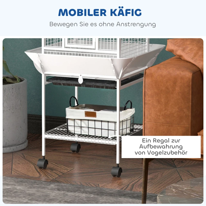 PawHut Vogelkäfig, Papageienkäfig mit 3 Türen, 2 Sitzstange, 360° Rollen, Futternapf, Ablage, Freisitz, 62,5x62,5x156cm, Weiß