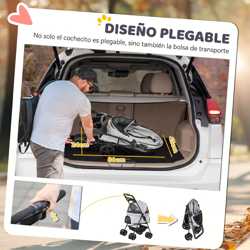 PawHut Carrito para Perros Pequeños con 4 Ruedas Freno Cesta Capota Correas de Seguridad y Ventanas 67x45x96 cm Gris Claro